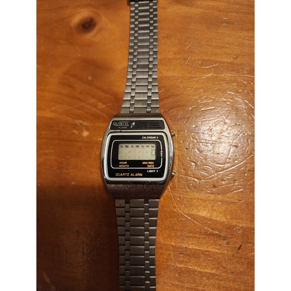 Vintage Quintel Digital Quartz Alarm Watch Silver Tone Stainless Steel As Is